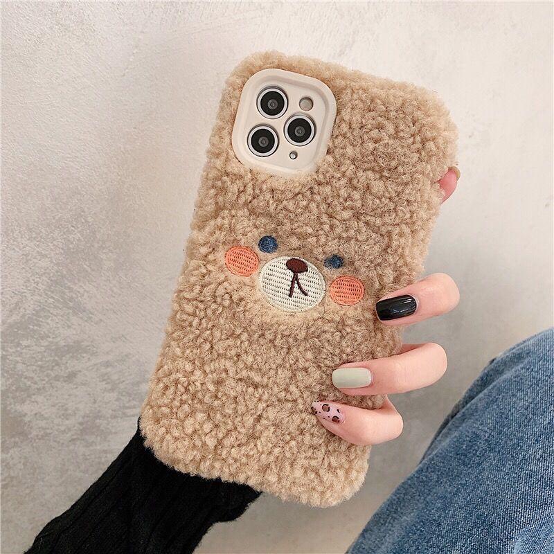 Cute Brown Bear Plush Phone Case For Iphone 14 11 12 13 Pro Max 7 8 X XS Max XR SE2 Autumn And Winter Shockproof Full Case Cover Cute Bear Animal Winter Warm Plush Fabric Phone Case