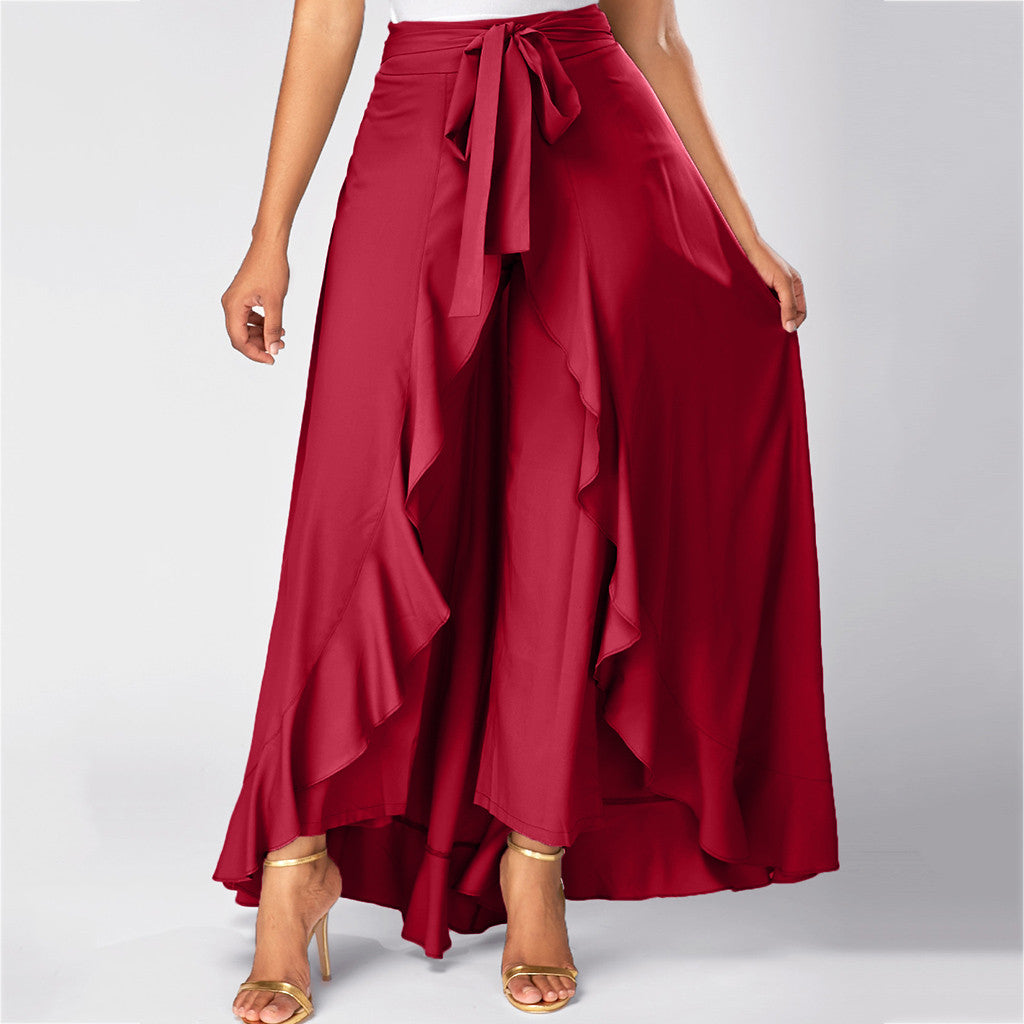 Women Pants Causal Ruffle Drawstring TrouserHigh Waist Loose Dancing Outfits Palazzo Skirt