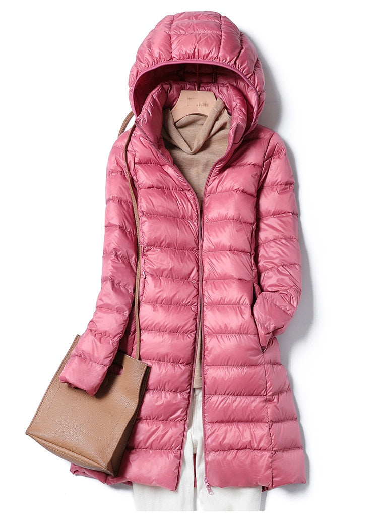 Ultralight Thin Down Jacket White Duck Down Hooded long Jackets Long Sleeve