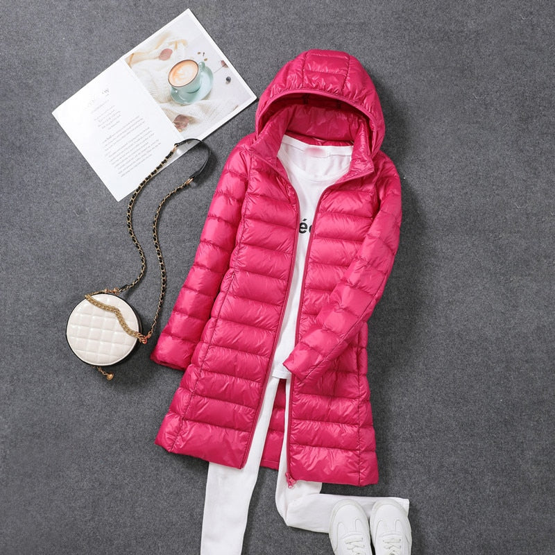 Ultralight Thin Down Jacket White Duck Down Hooded long Jackets Long Sleeve