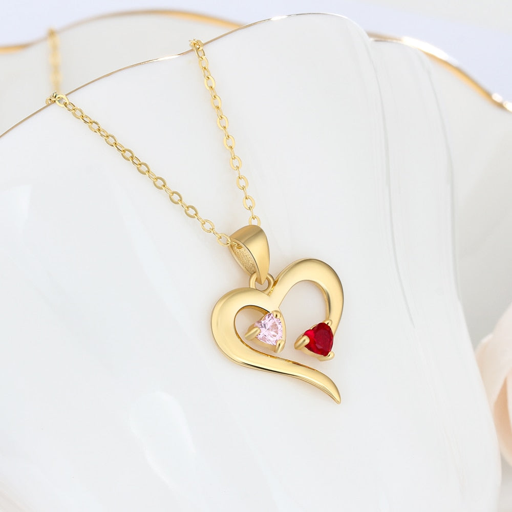 925 Sterling Silver Heart Necklace with 2 Birthstones Custom Engrave Name Pendant