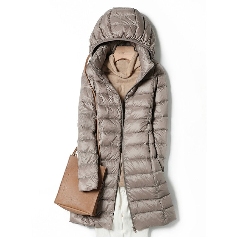 Ultralight Thin Down Jacket White Duck Down Hooded long Jackets Long Sleeve