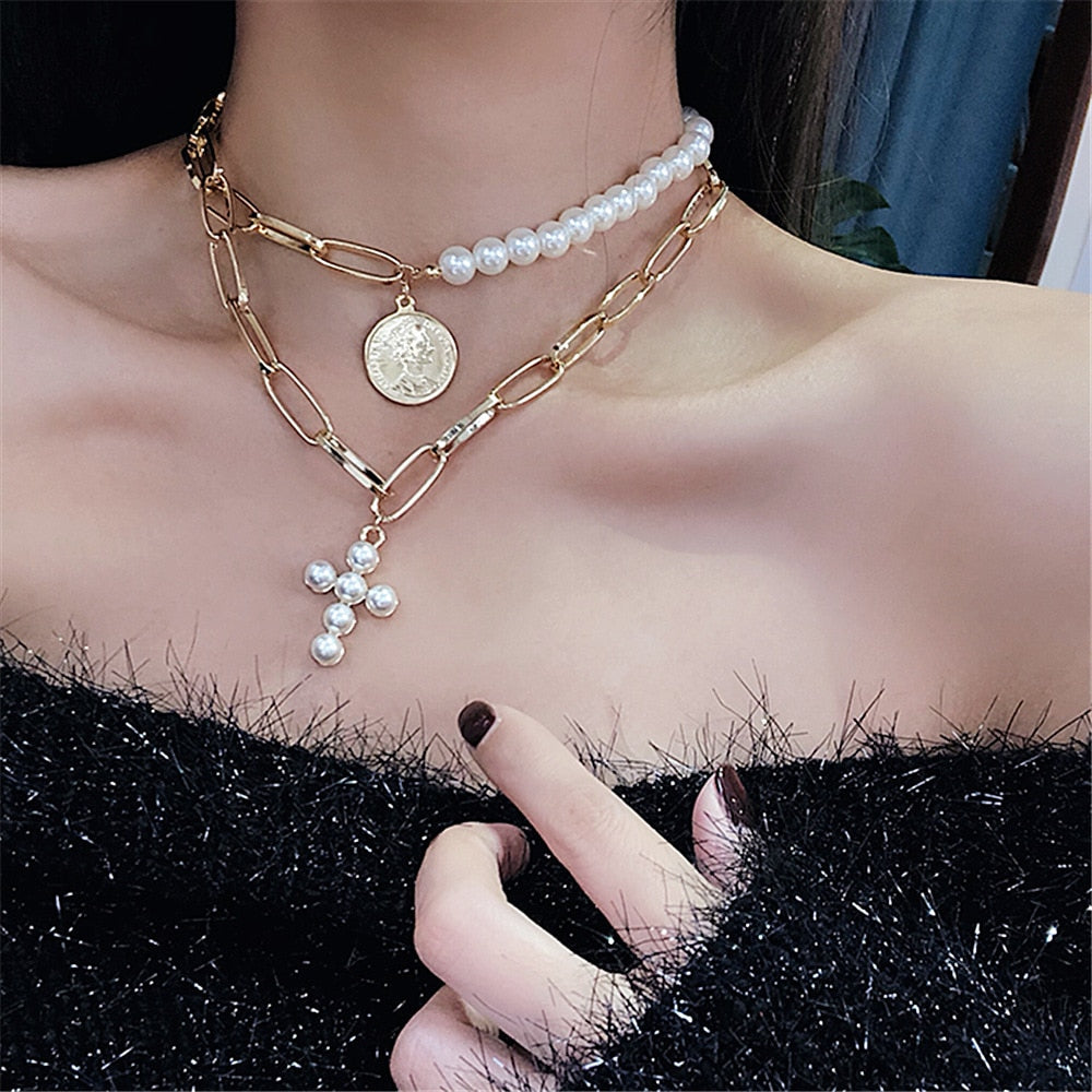 Big White Imitation Pearl Choker Necklace Clavicle Chain Fashion Necklace