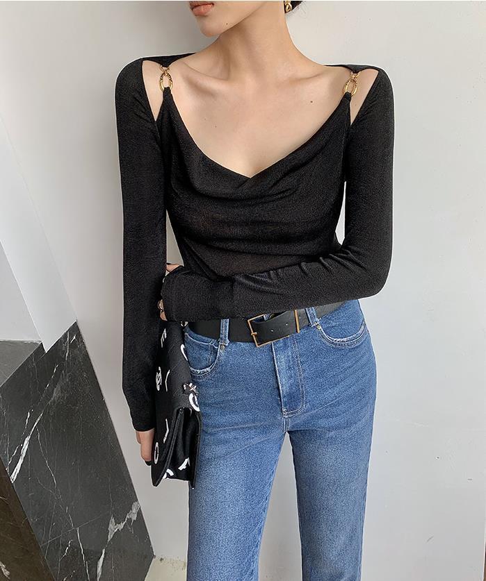 Sexy Swing Collar Cropped Tops Women Autumn Metal Design Skinny Long Sleeve T-Shirt Outwear