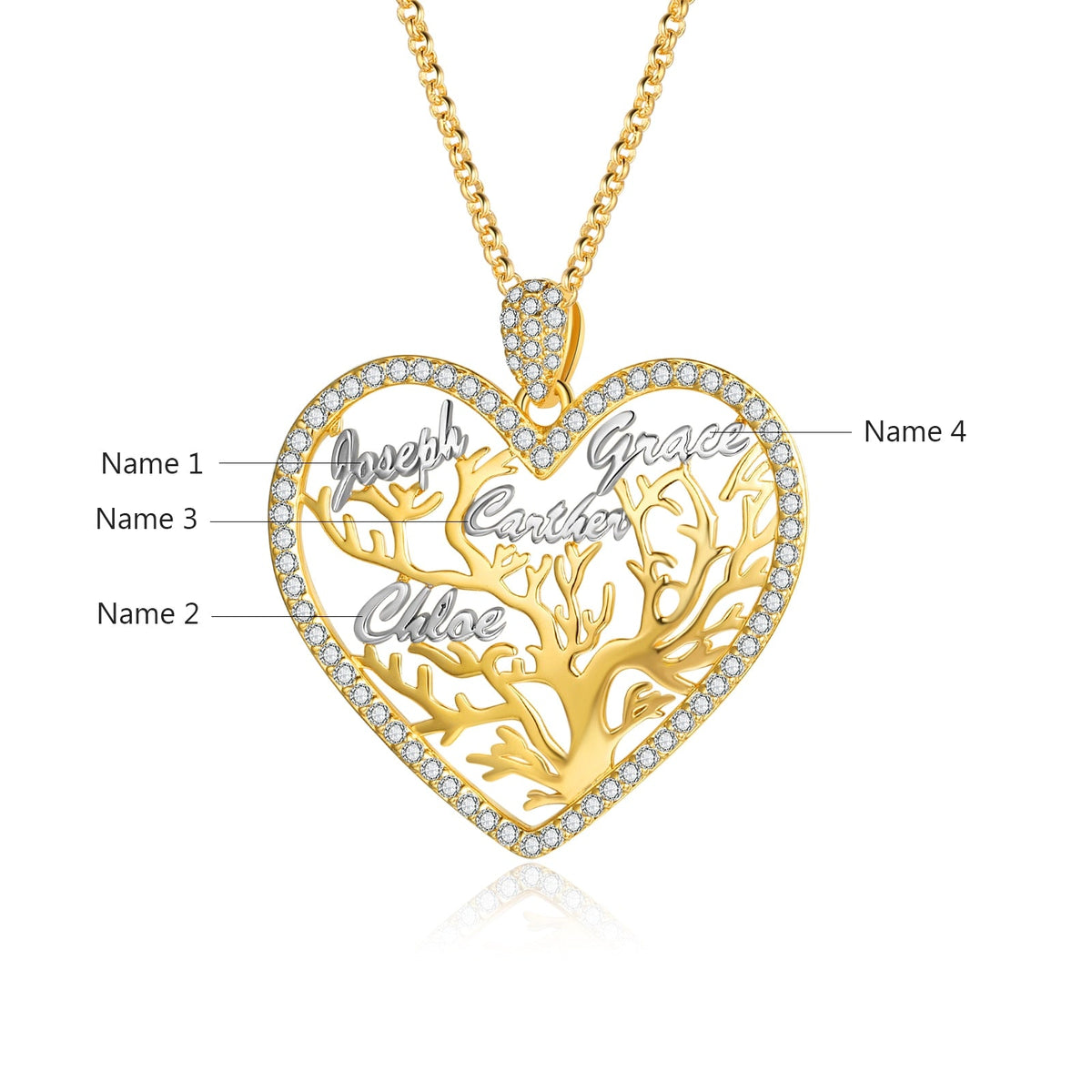 Multi-name Mixed Color Heart Necklace Family Tree of Life Nameplate Pendant