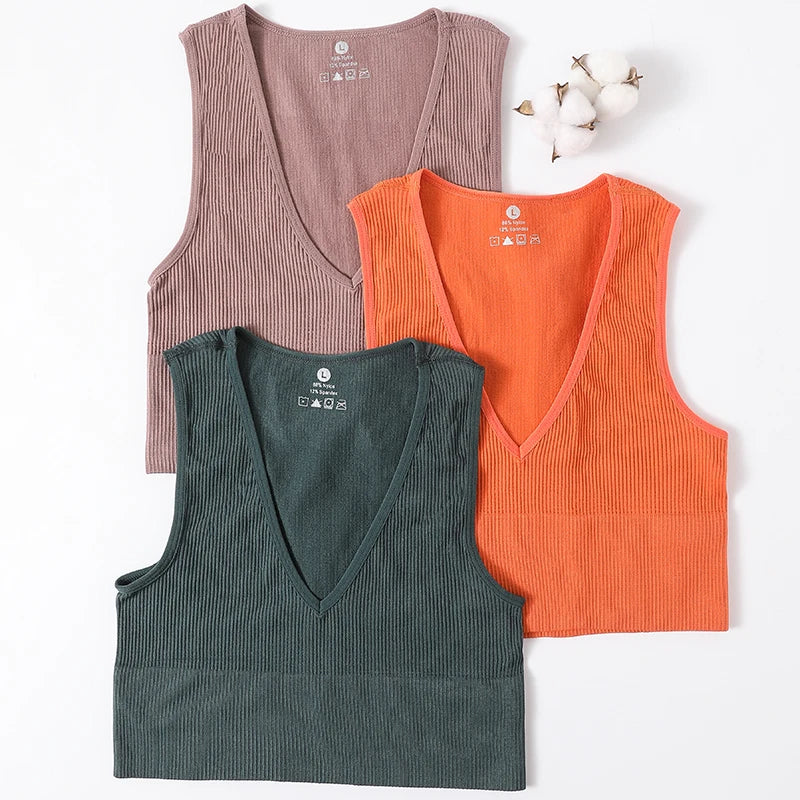 Women Crop Top Sports Bras Sexy Tank Top Female Seamless Underwear V-Neck Camisole Sexy Lingerie Solid Color Vest Top M-XL