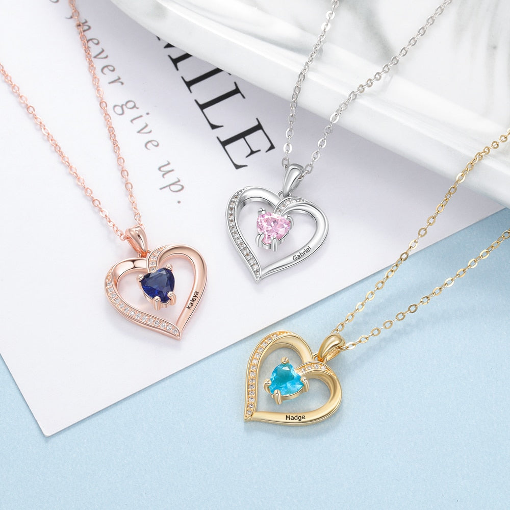 Engrave Name Heart Pendants with Customize Birthstone Necklace