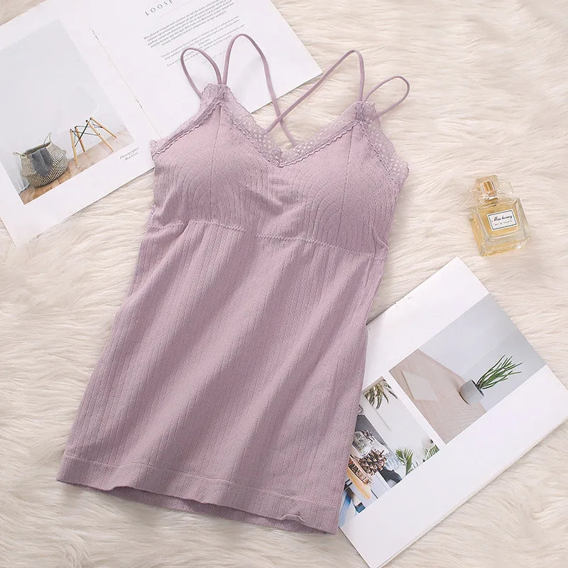 Women Vertical Rib Long Camisole With Crisscross Thin Straps Romantic Lace Trim V Neck Built-In Chest Pads Daily Inner Sling Top