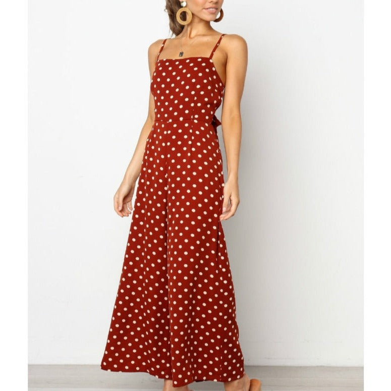 Sleeveless Backless Boho Bow-knot Dot Jumpsuits Women 2022 Summer Romper