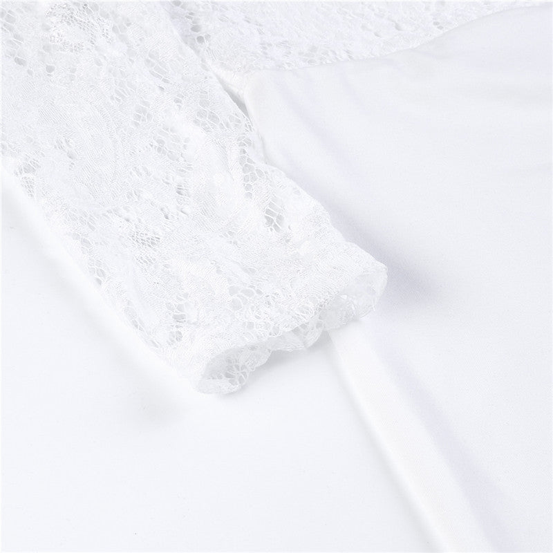 Women Summer Off Shoulder Sexy Playsuits Long Sleeve Sheer Lace Patchwork Hollow Skinny Playsuits