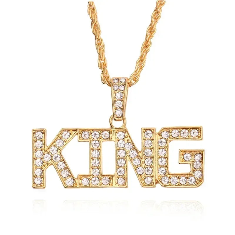 Men Hip Hop Full Rhinestone King Queen Pendants Necklaces Bling Bling Iced Out Cuban Link Chain Hiphop Necklace Men Jewelry Gift