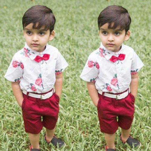 Floral Boy Gentleman Outfits Suit Short Sleeve Toddler Bow Tie Shirt Tops +Red Shorts Summer Set For Boy Kids Form 1-5 Years