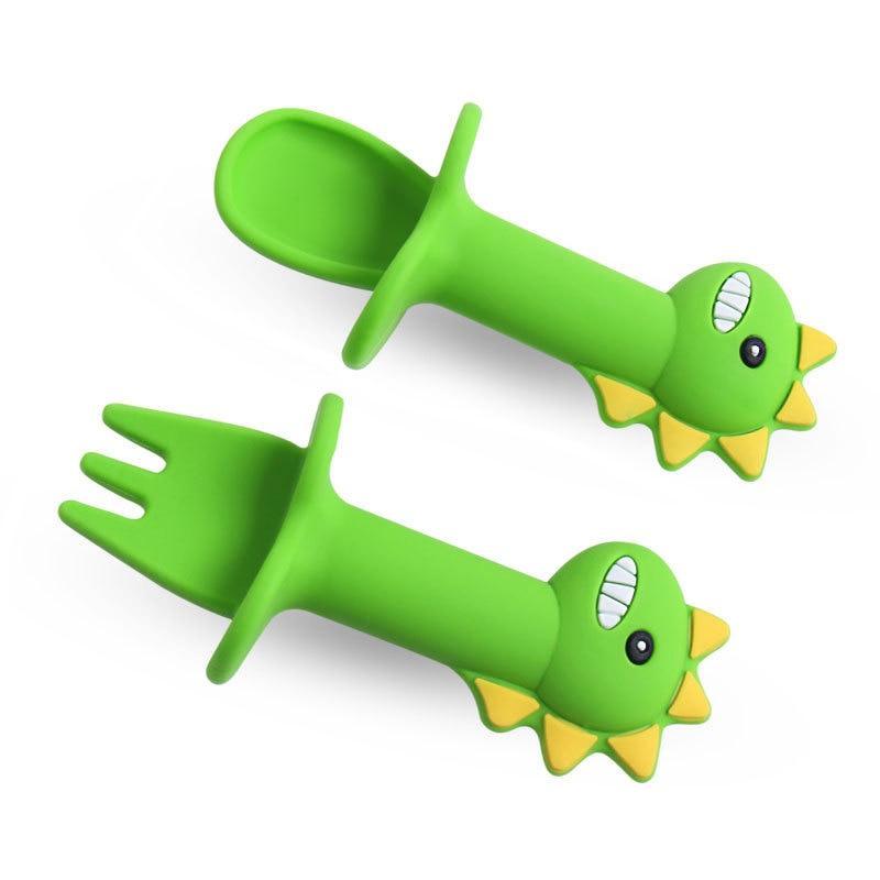 New Baby Feeding Spoon Fork Set Short Easy Cartoon Dinosaur Soft Silicone Teether Toys Non-hurt Training Tableware