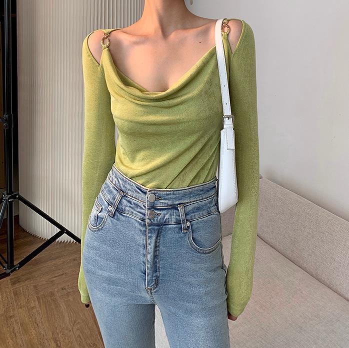 Sexy Swing Collar Cropped Tops Women Autumn Metal Design Skinny Long Sleeve T-Shirt Outwear