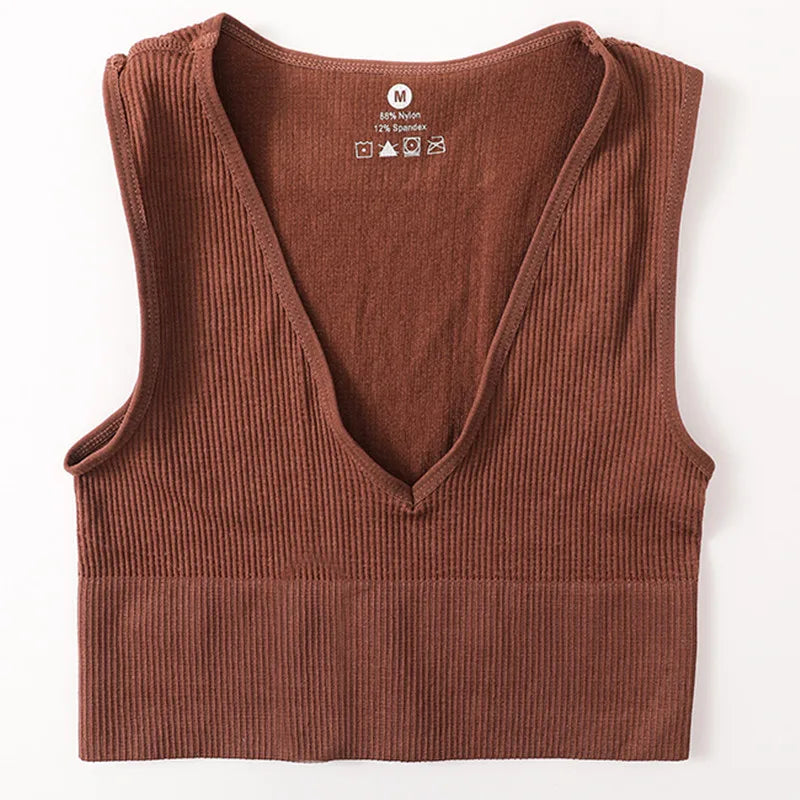 Women Crop Top Sports Bras Sexy Tank Top Female Seamless Underwear V-Neck Camisole Sexy Lingerie Solid Color Vest Top M-XL
