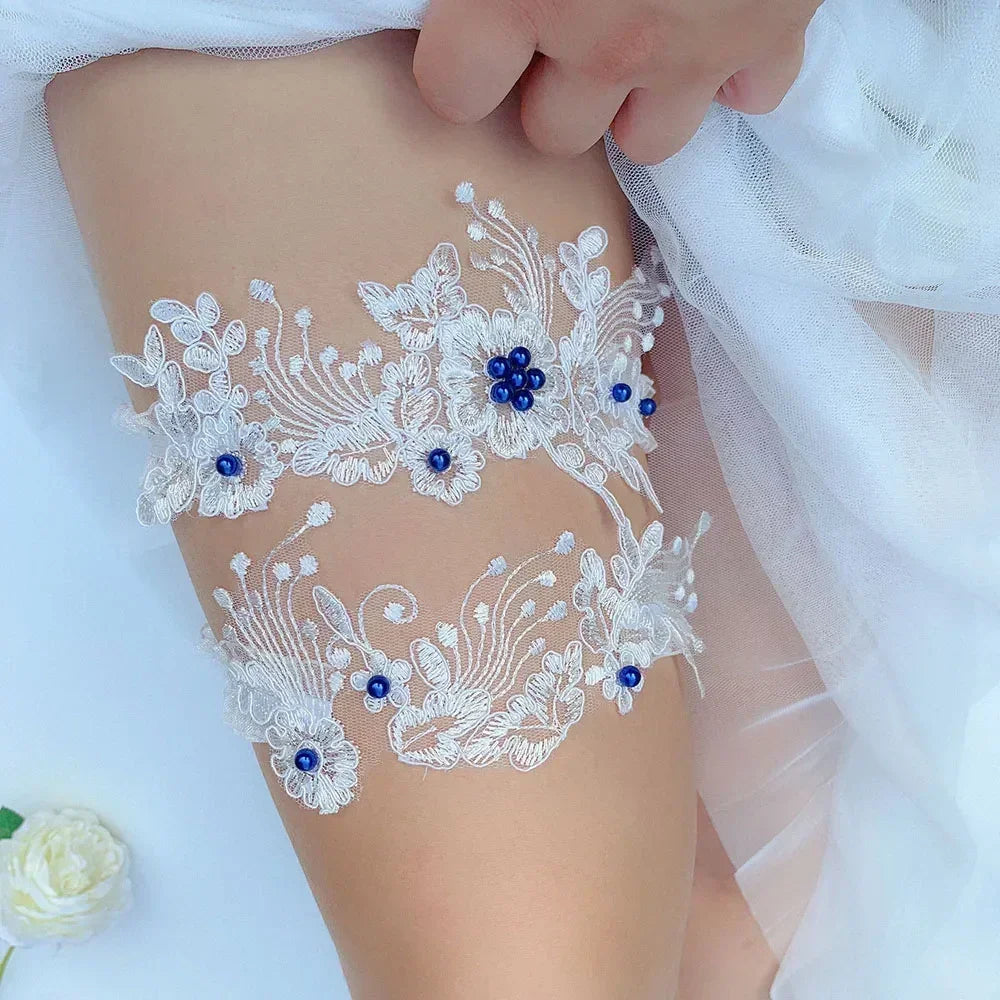 K03 2 PCS Sexy Lace Flower Crystal Pearls Wedding Garter Belt Thigh Ring Bridal Leg Garter Stocking Garter Belt Girl Women