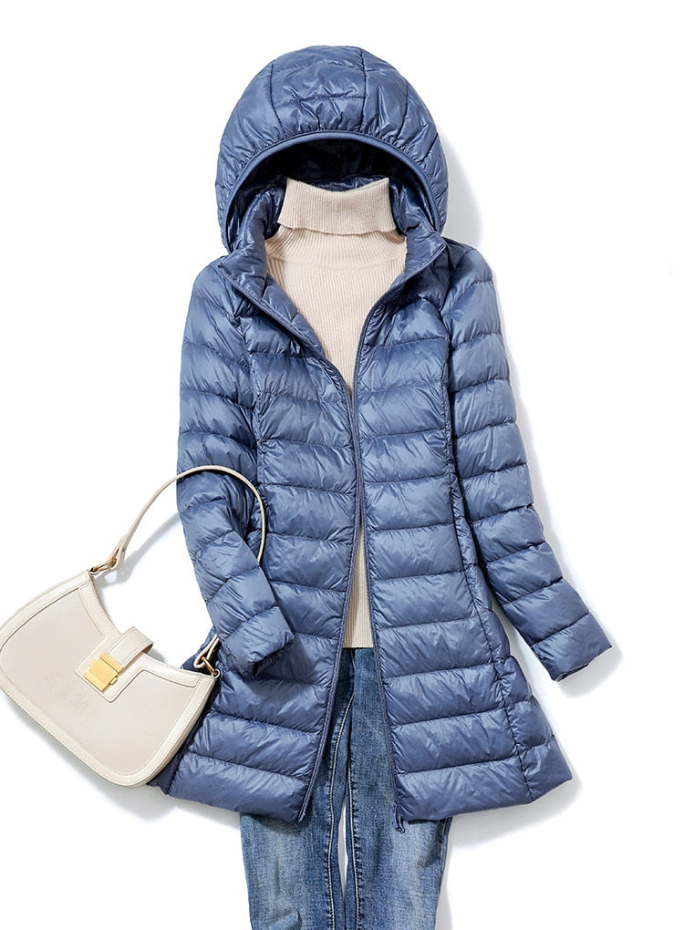 Ultralight Thin Down Jacket White Duck Down Hooded long Jackets Long Sleeve