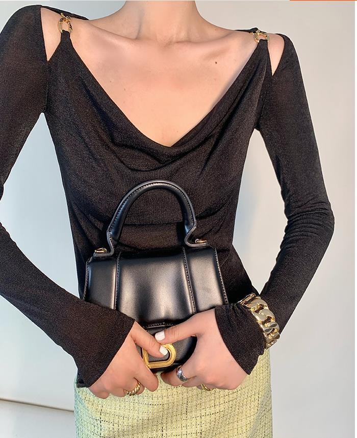 Sexy Swing Collar Cropped Tops Women Autumn Metal Design Skinny Long Sleeve T-Shirt Outwear