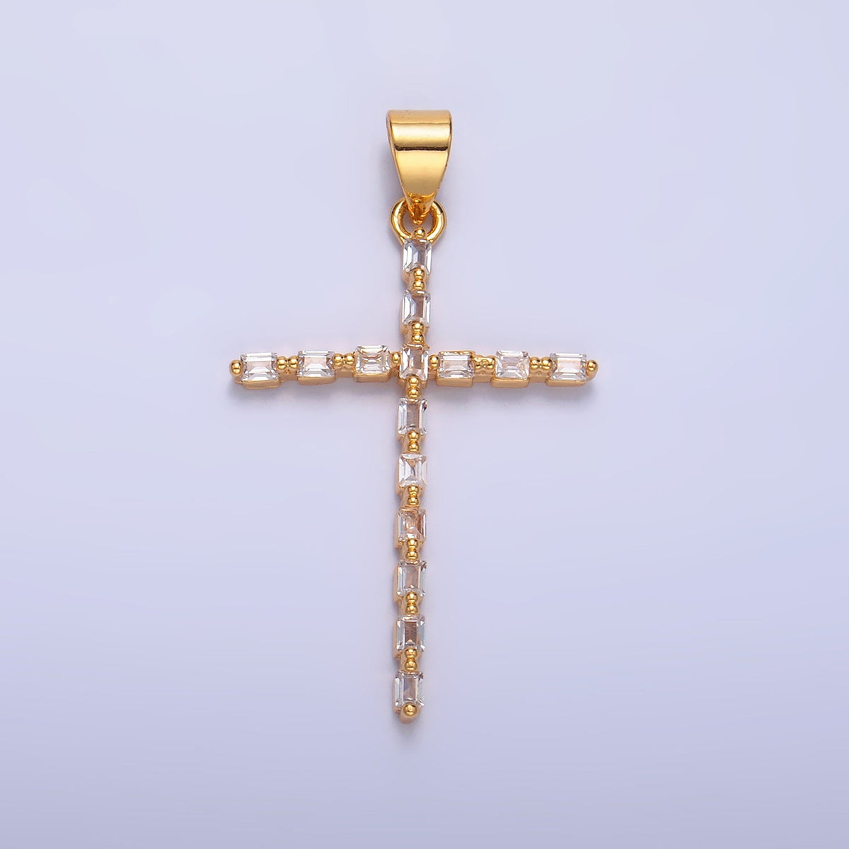 24K Gold Filled 35mm Clear CZ Baguette Religious Cross Pendant | I244