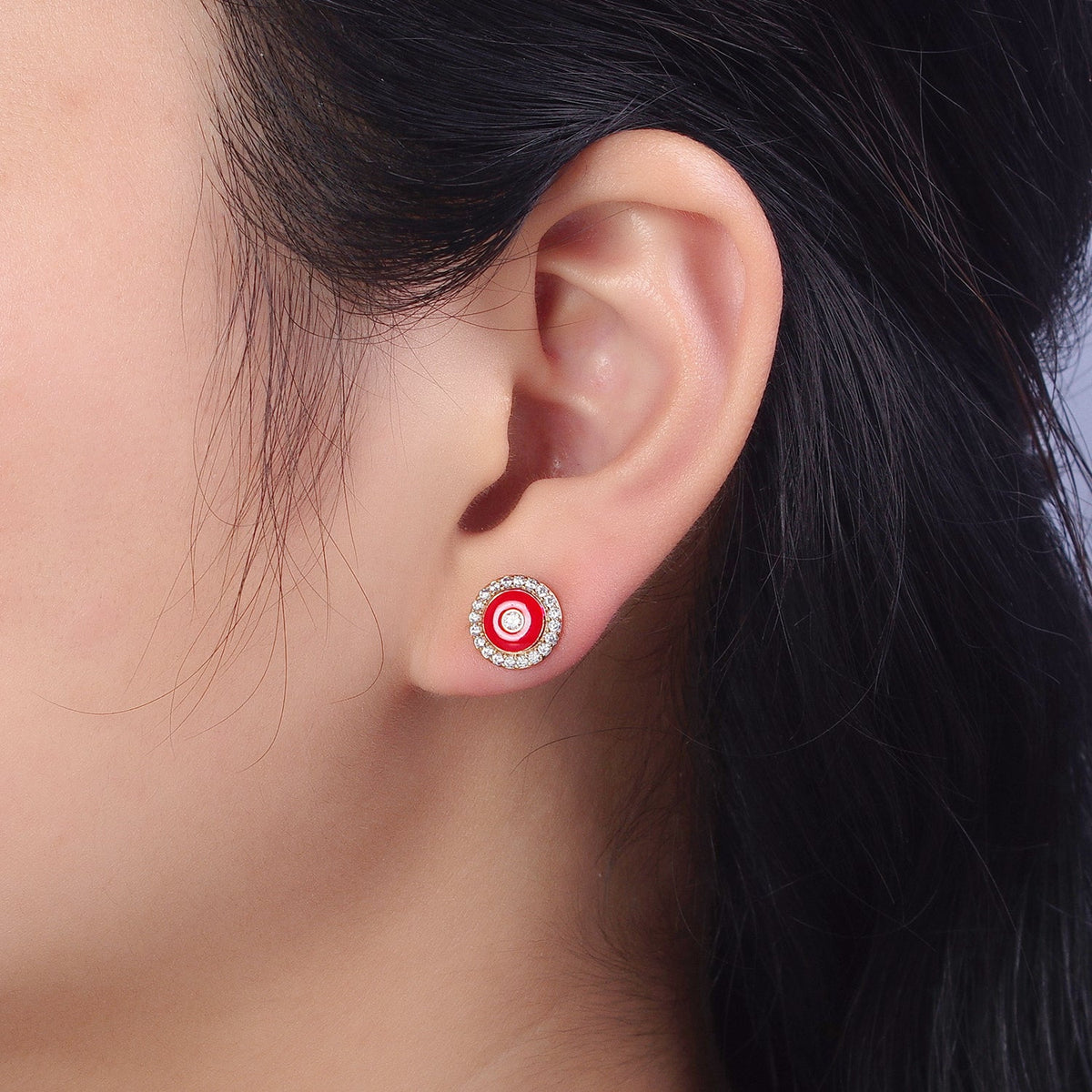 18K Gold Filled 10mm Black, Red, White Enamel Micro Paved CZ Round Stud Earrings | AB290 - AB292