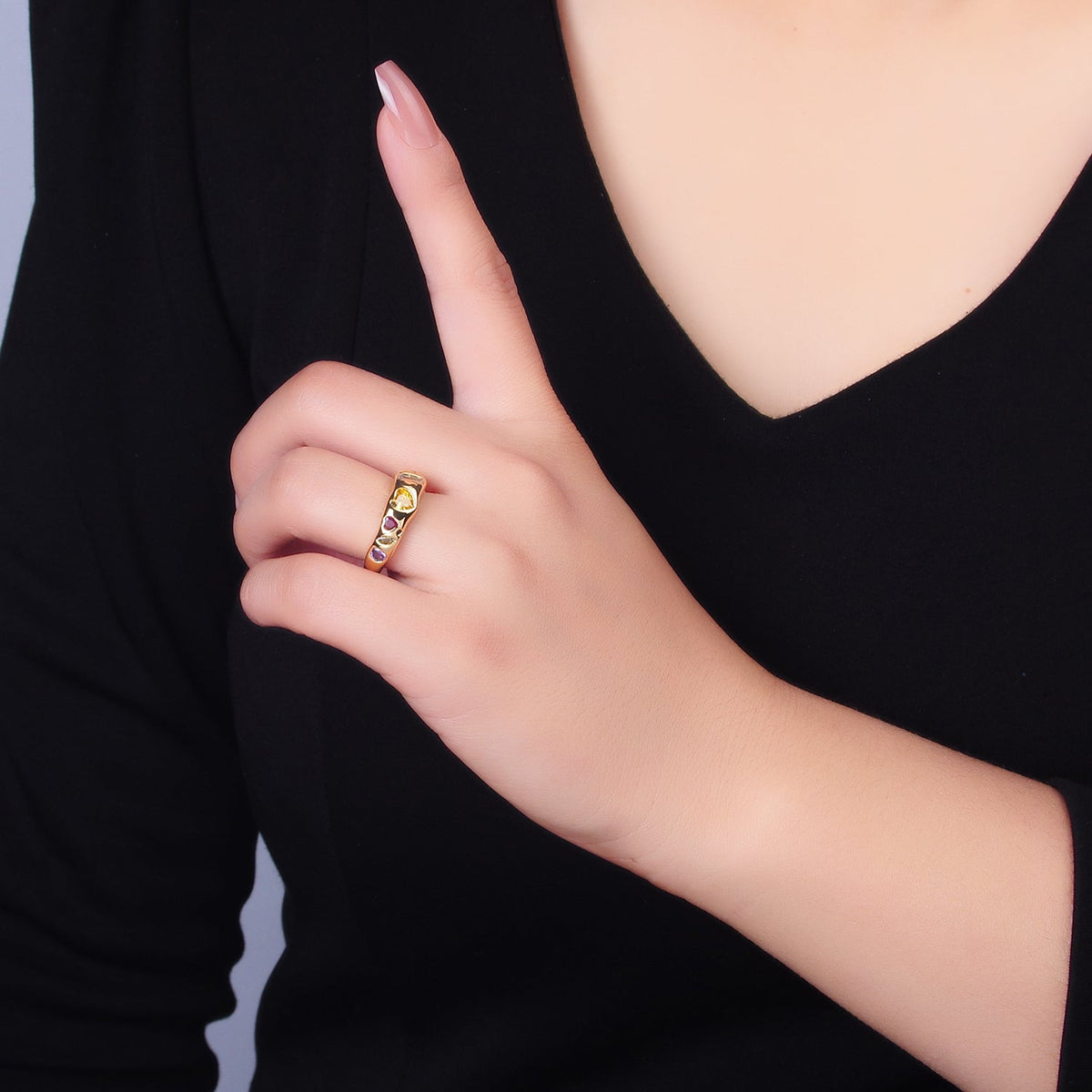 24K Gold Filled Multicolor Geometric Heart Baguette CZ Ring in Gold & Silver | O740 O743