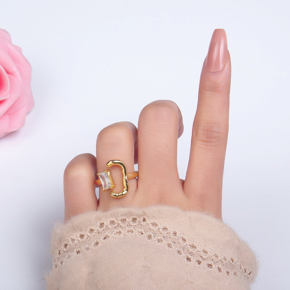 24K Gold Filled Baguette Curved Geometric Open Claw Ring | O838