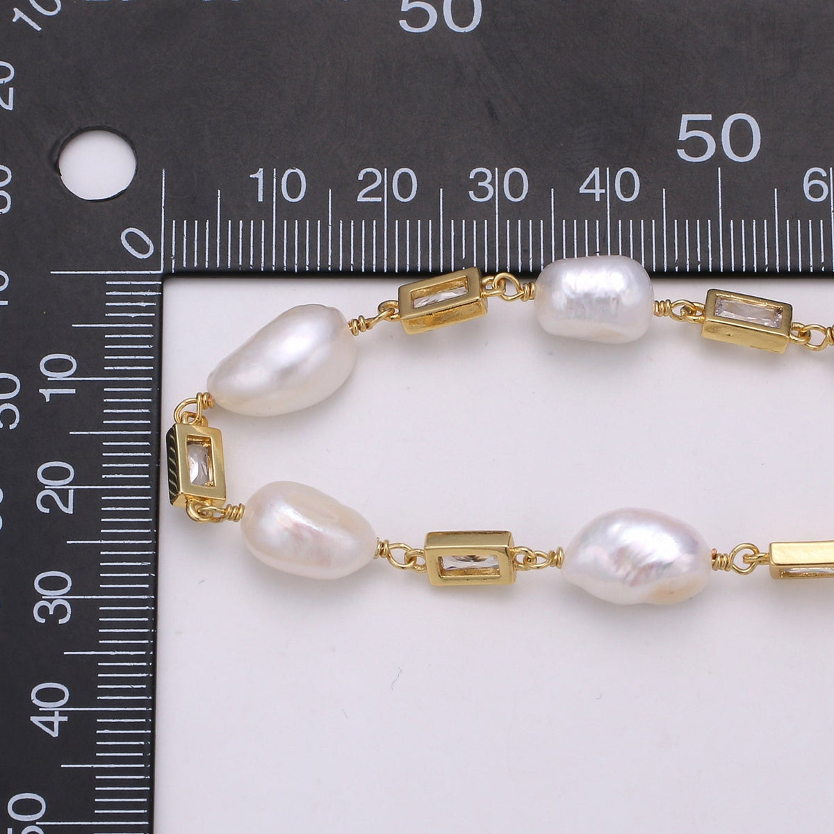 24K Gold Filled Chain by Yard, Baroque Pearl Micro Pave Clear Cubic Square Charm Chain, White Pearl CZ | ROLL-349, ROLL-350, ROLL-351 Clearance Pricing