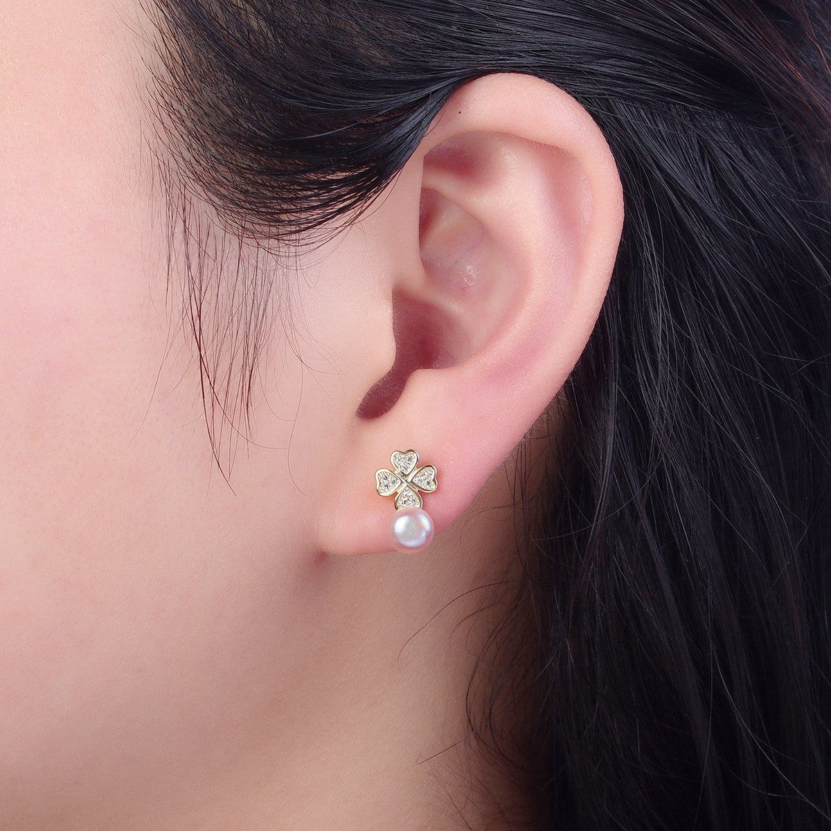 Gold White, Purple, Pink Shell Pearl Micro Paved CZ Clover Stud Earrings | V379 - V381