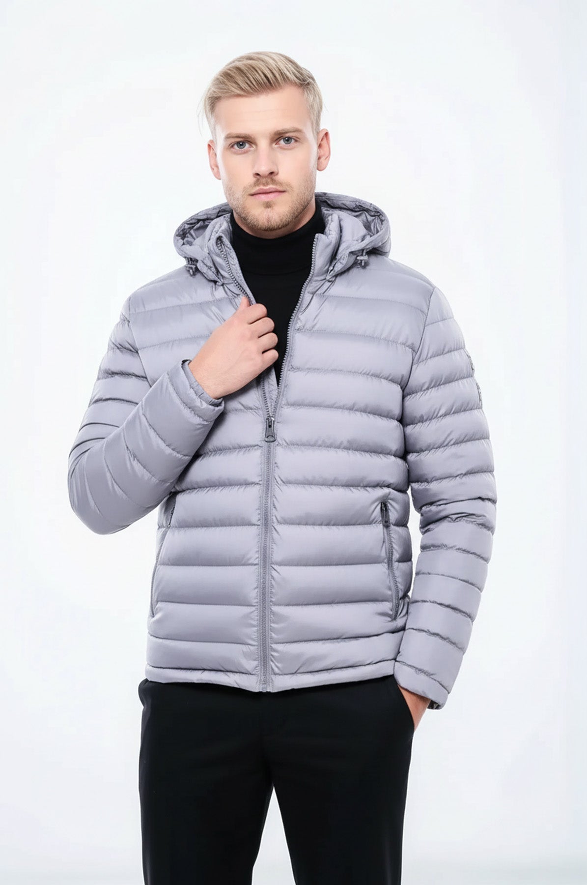 Hooded Quilted Grey Men Coat - Wessi
