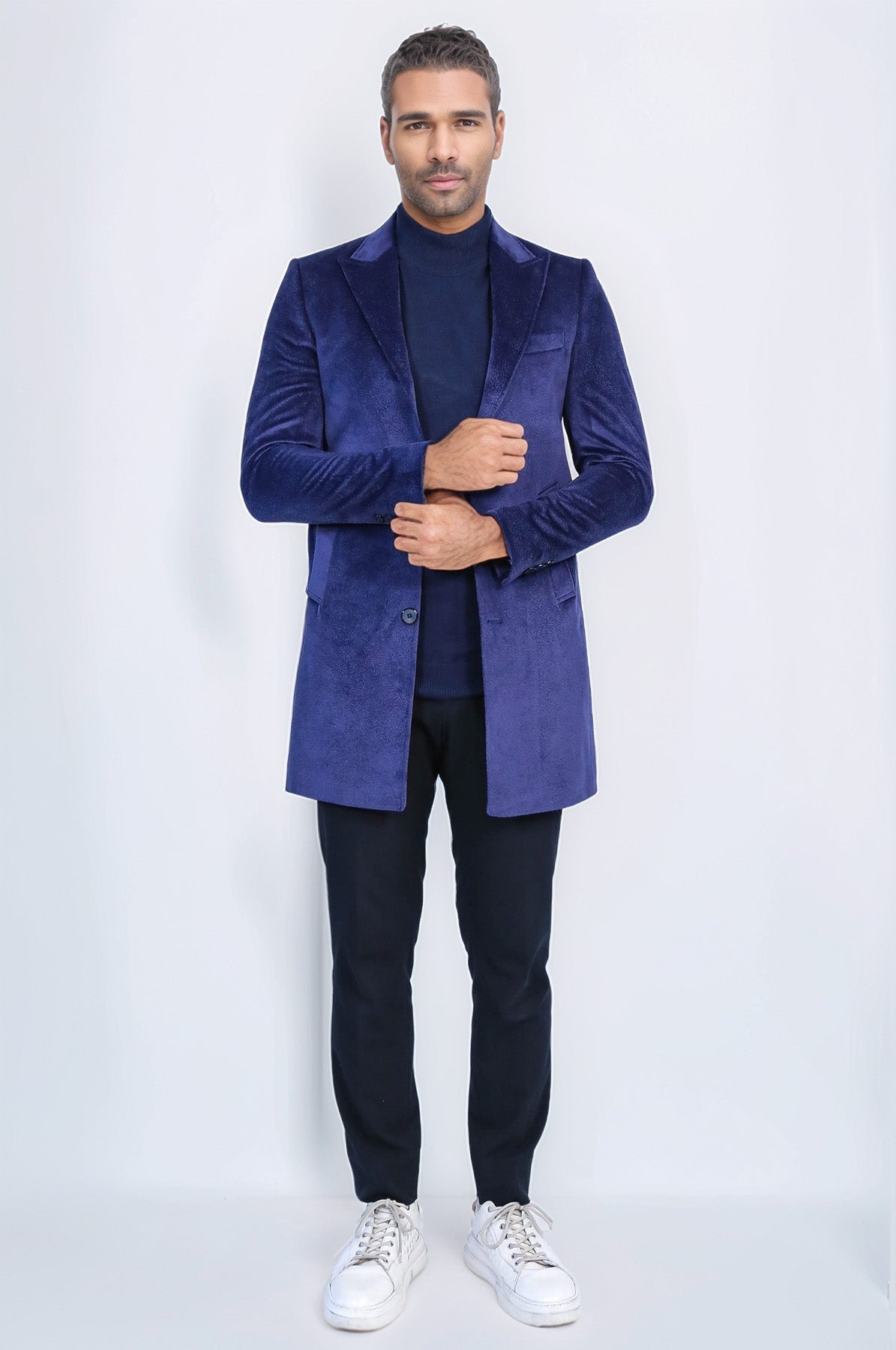 Peak Lapel Blue Men Coat - Wessi