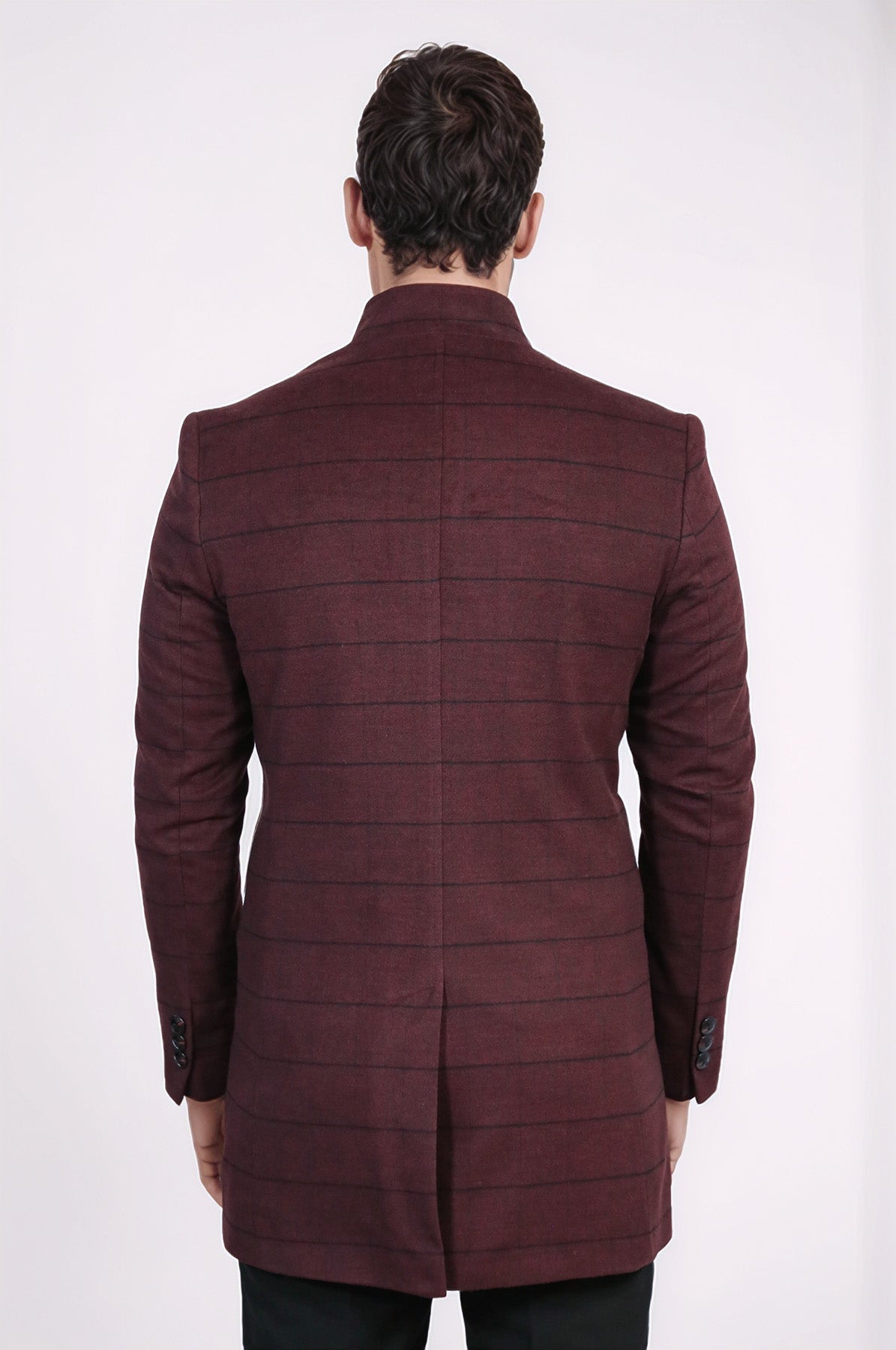 Mandarin Collar Burgundy Checked Coat - Wessi