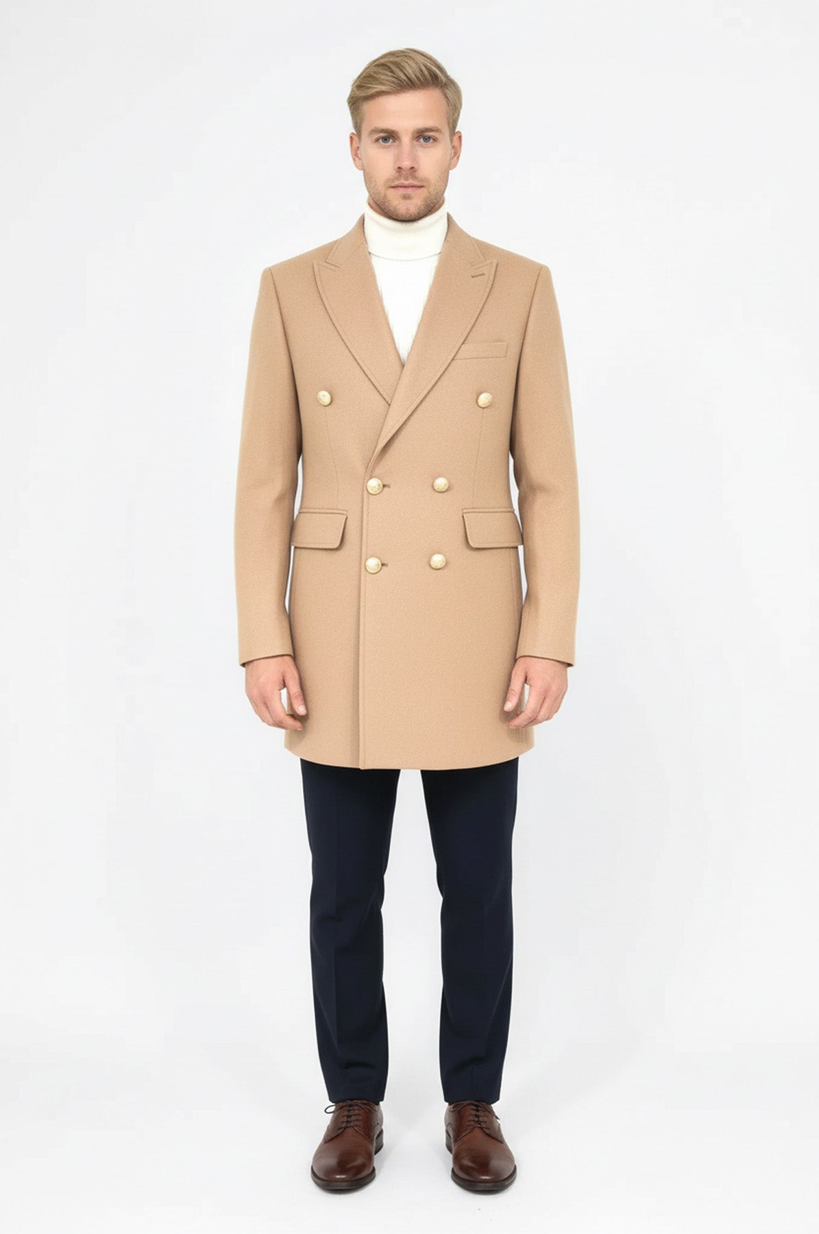 Metal Buttoned Double Breasted Cream Men Coat - Wessi