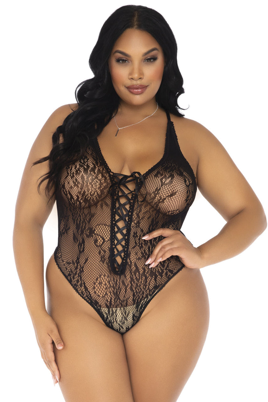 Plus Size Floral Lace Thong Teddy