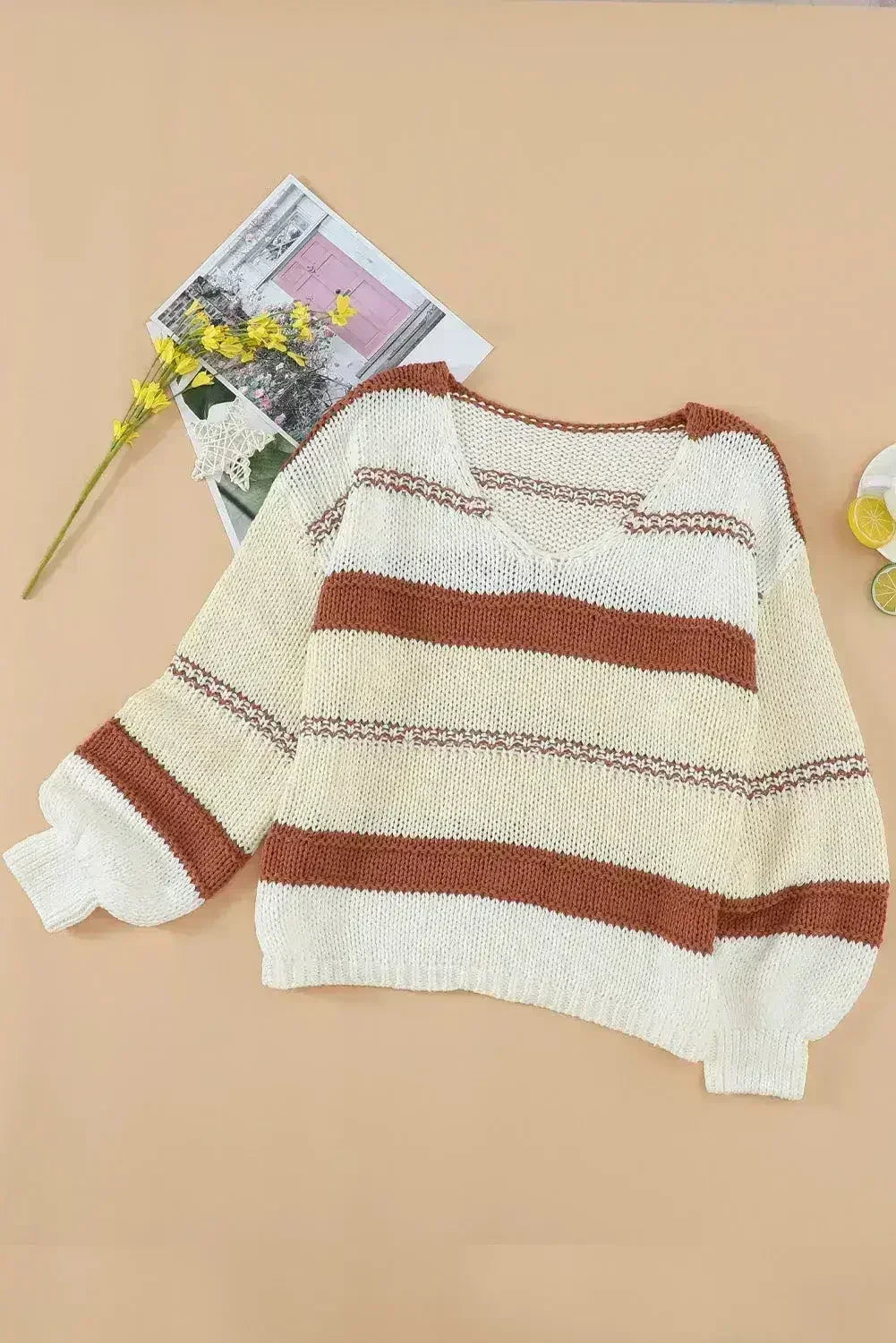 Beige Red Striped Sweater