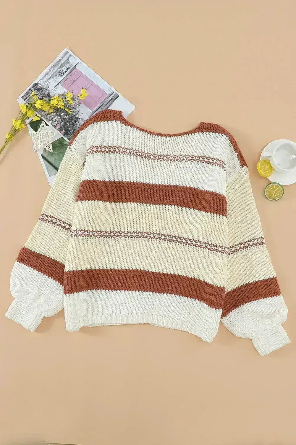 Beige Red Striped Sweater