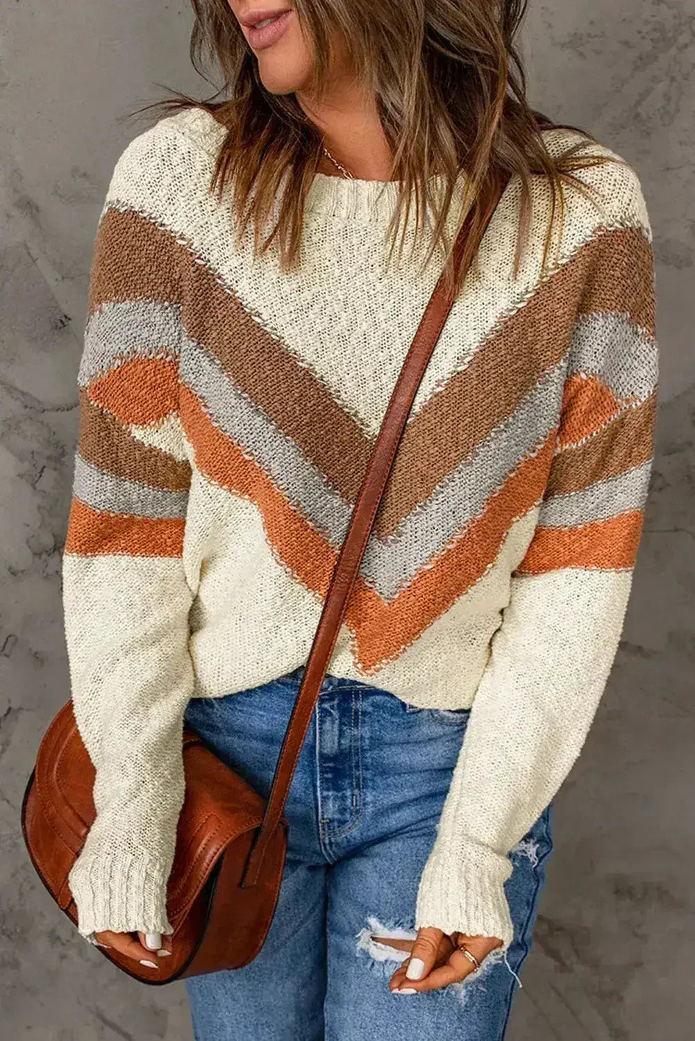 Beige Chevron Striped Sweater