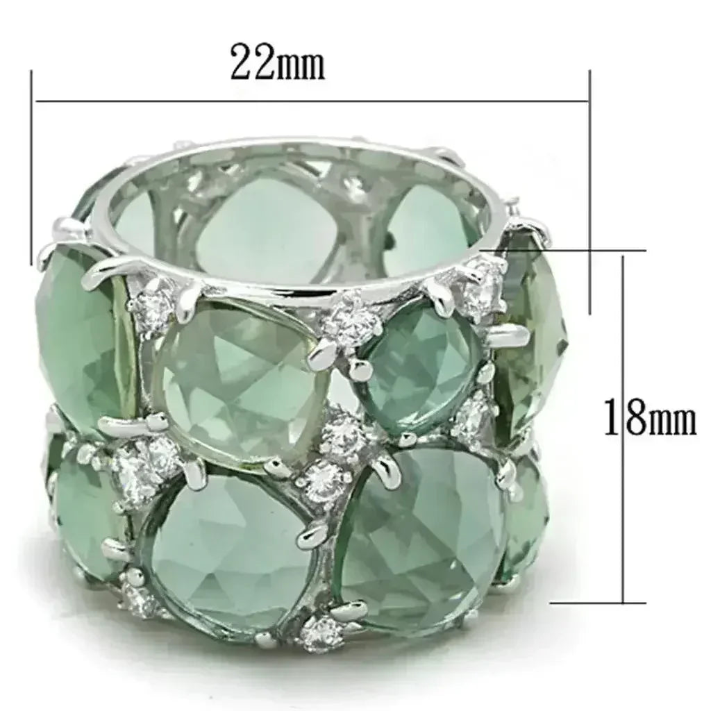 LOS764 Rhodium Sterling Silver Ring – Synthetic Emerald Glass Statement Piece
