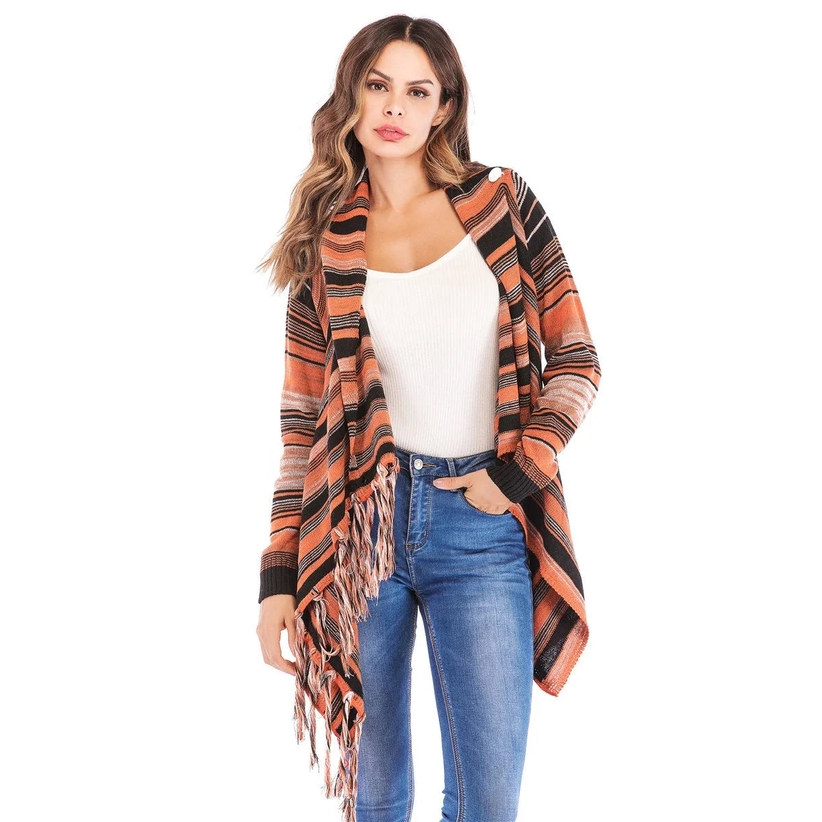 Long Striped Cardigan Coat For Women Poncho Tassels Shawl Loose Sweater Knitted Cardigans Casual Jacket Female Coat Autumn