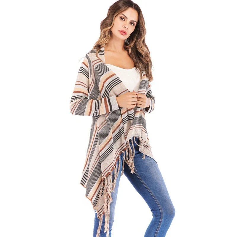 Long Striped Cardigan Coat For Women Poncho Tassels Shawl Loose Sweater Knitted Cardigans Casual Jacket Female Coat Autumn