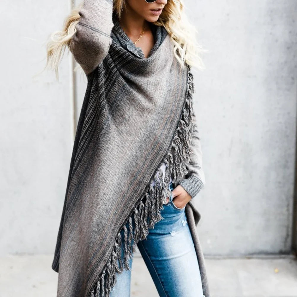 Long Striped Cardigan Coat For Women Poncho Tassels Shawl Loose Sweater Knitted Cardigans Casual Jacket Female Coat Autumn