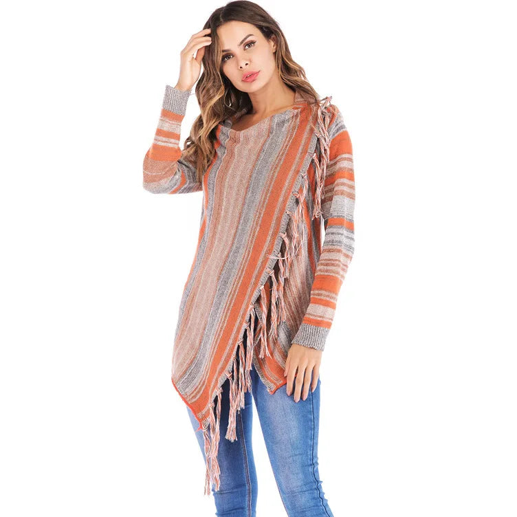 Long Striped Cardigan Coat For Women Poncho Tassels Shawl Loose Sweater Knitted Cardigans Casual Jacket Female Coat Autumn