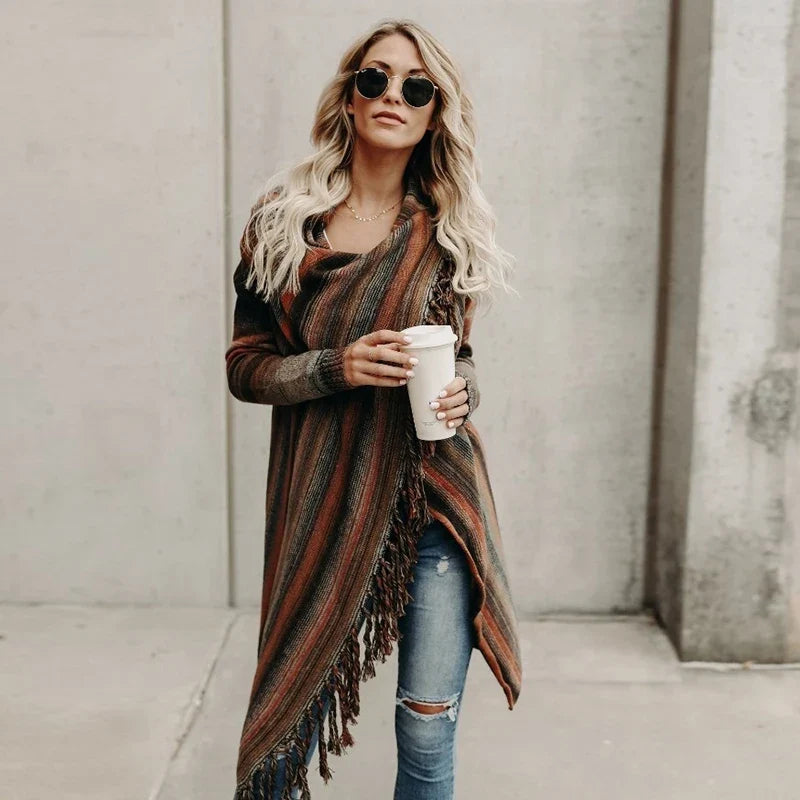 Long Striped Cardigan Coat For Women Poncho Tassels Shawl Loose Sweater Knitted Cardigans Casual Jacket Female Coat Autumn