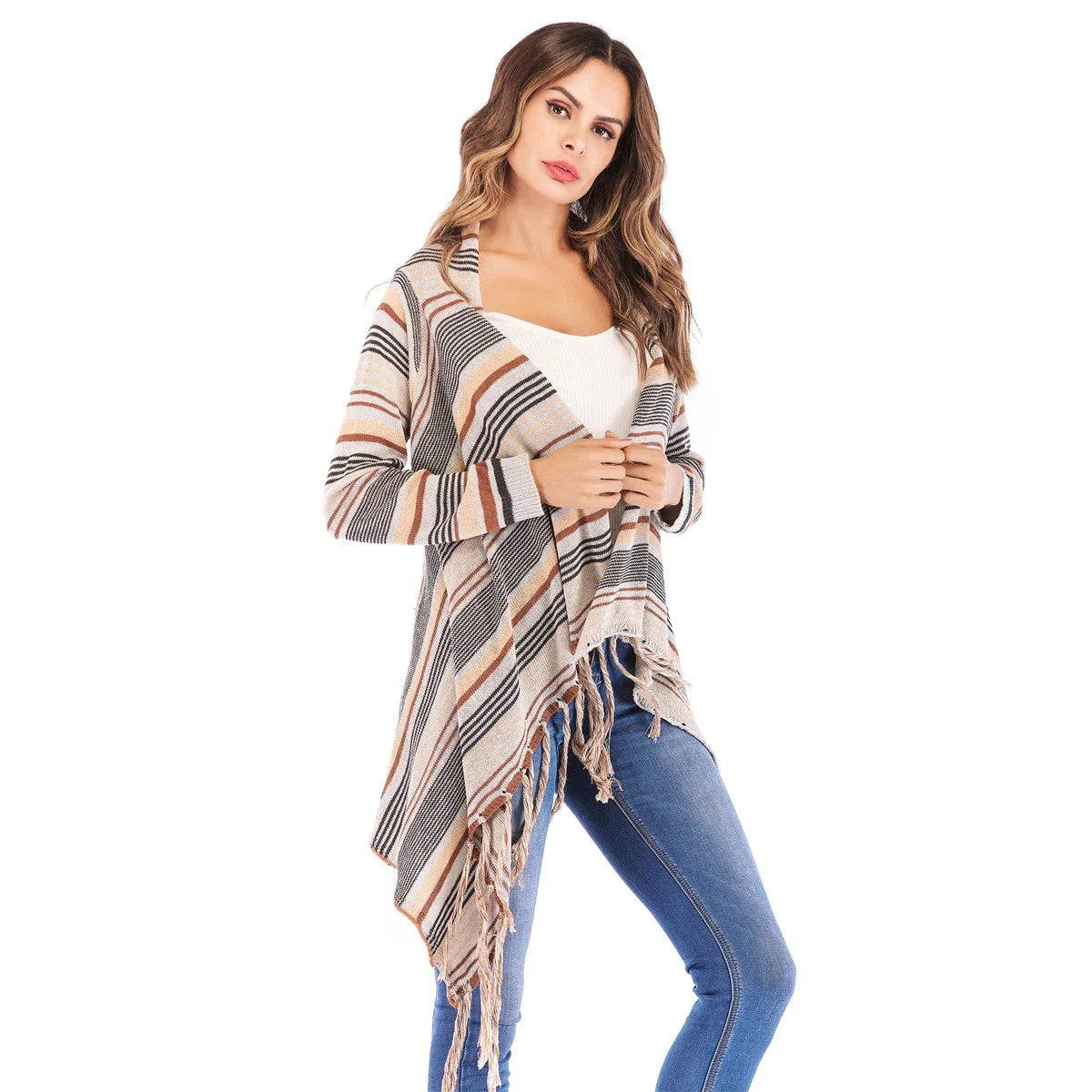 Long Striped Cardigan Coat For Women Poncho Tassels Shawl Loose Sweater Knitted Cardigans Casual Jacket Female Coat Autumn