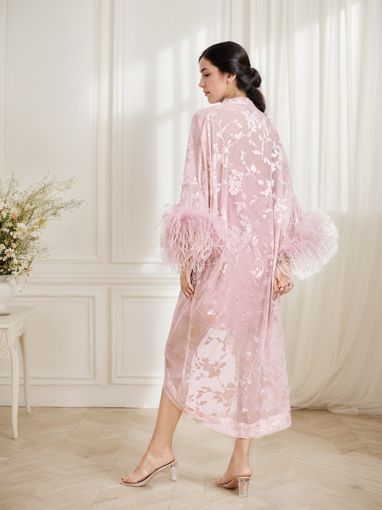 Luxurious Sequin Embroidered Lace Ostrich Feather Robe Set – Blush Pink Elegance