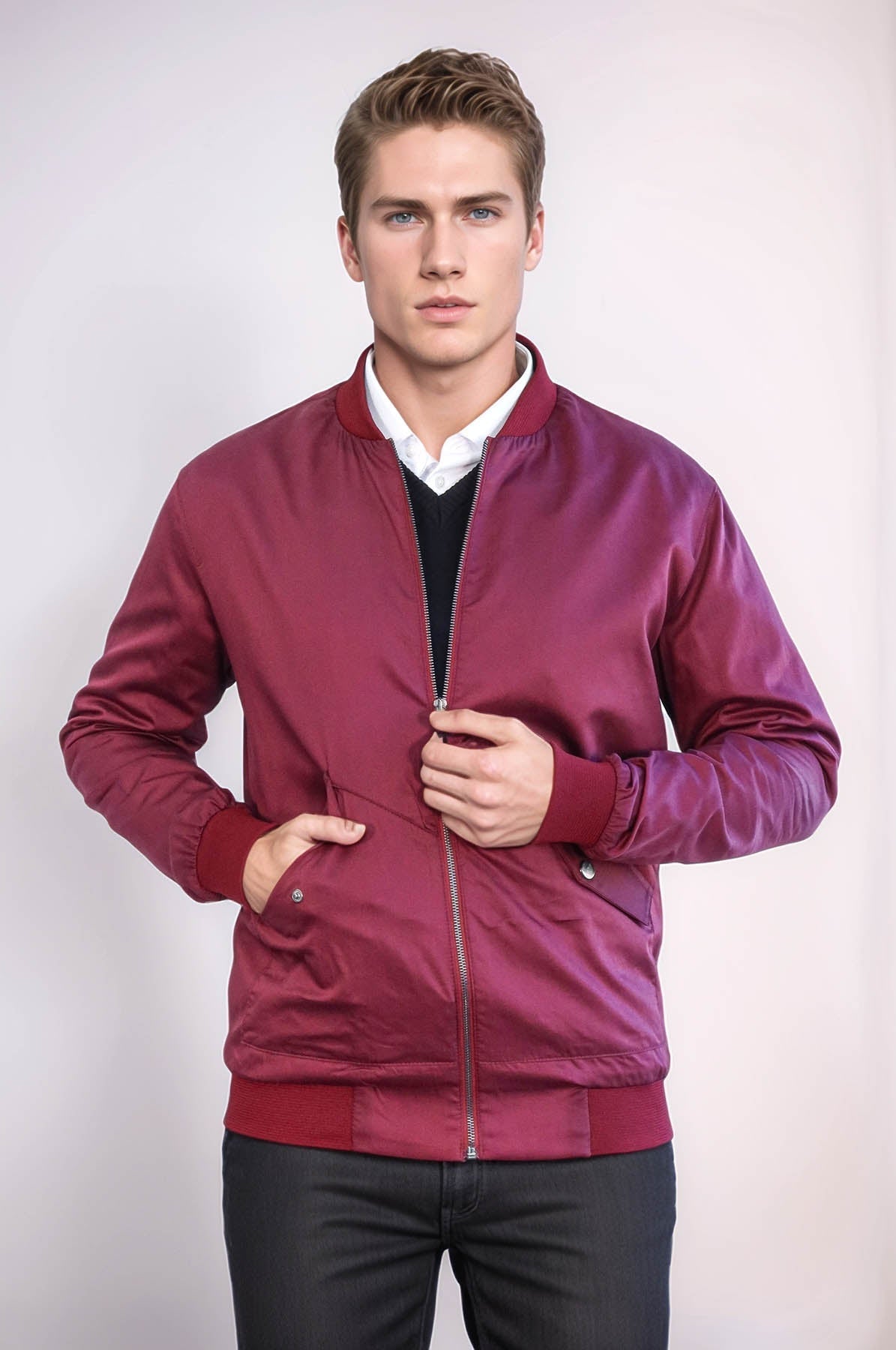 Flap Pockets Zippered Burgundy Men Bomber Coat - Wessi