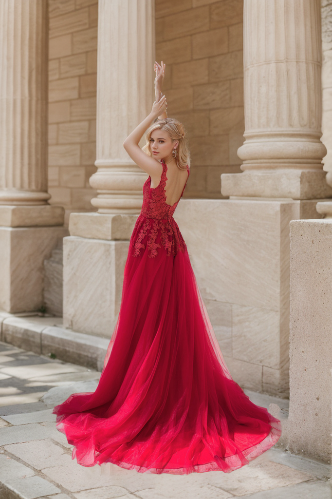 Mysteria - Ruby red deep V-neck lace soft tulle prom dress colored wedding dress