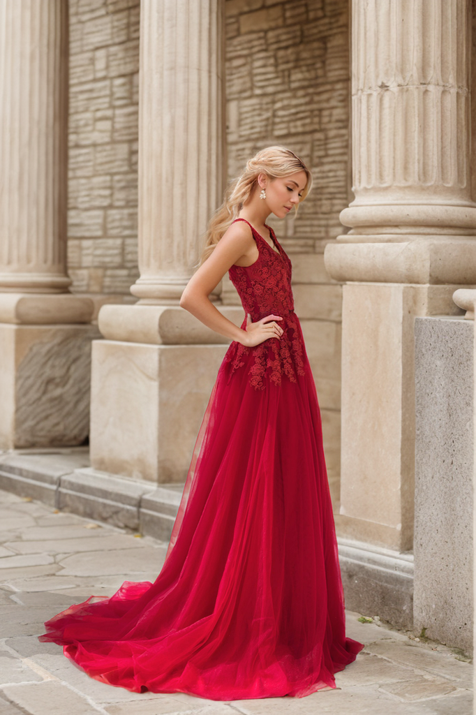Mysteria - Ruby red deep V-neck lace soft tulle prom dress colored wedding dress
