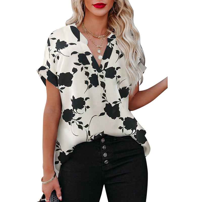 Printed Short Sleeve Shirt Loose V-Neck