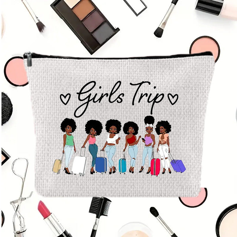 Linen printed cosmetic bag, cosmetic lipstick storage bag, small simple zipper evening clutch bag,