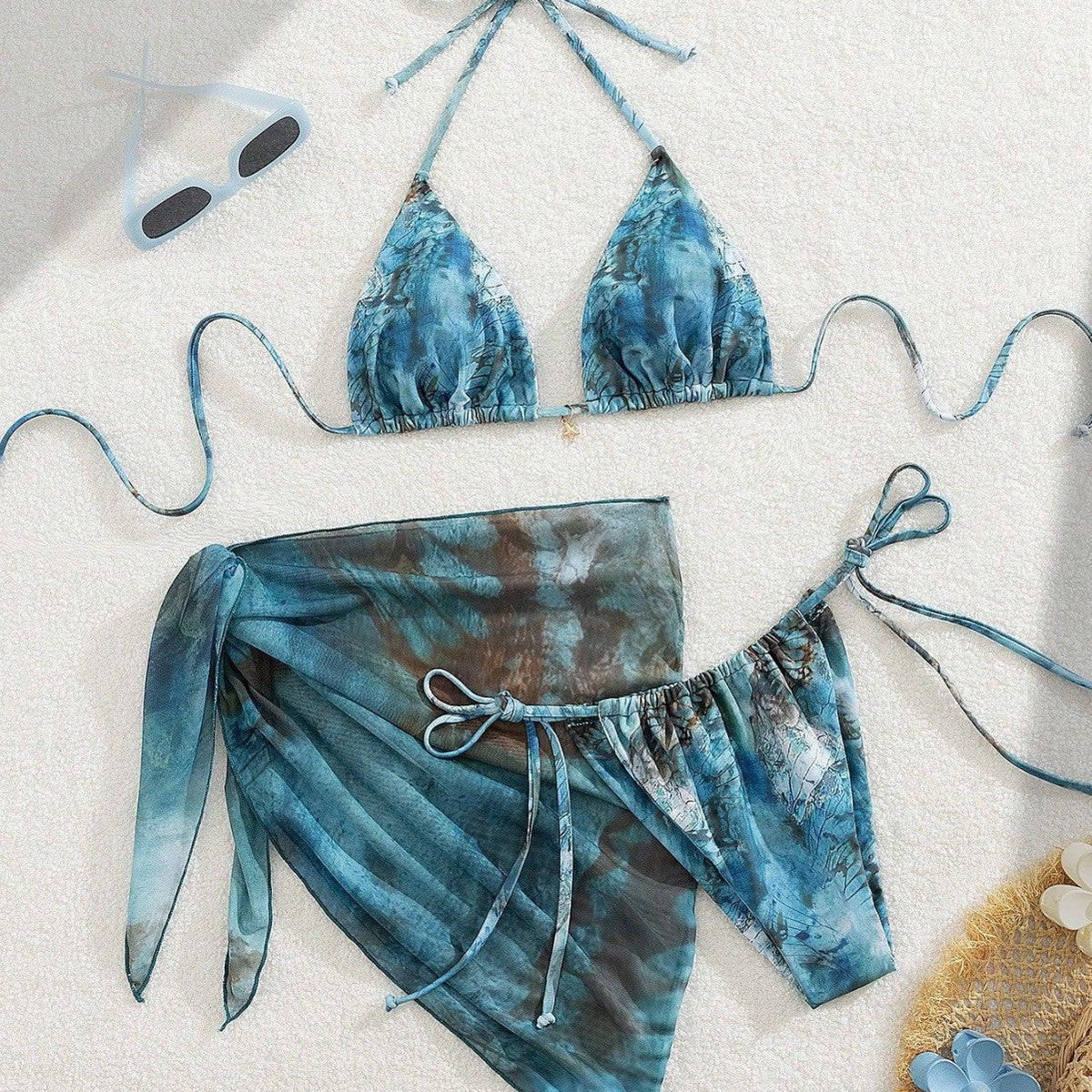 Apron Three Piece Bikini Vintage Print Tie Swimsuit Women&